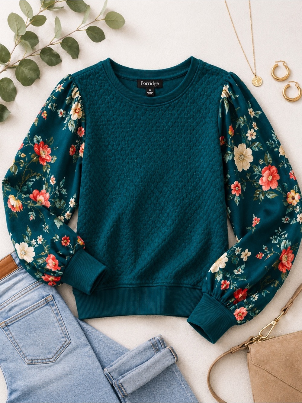 Anthropologie Porridge Teal Floral Puff Sleeve Textured Top